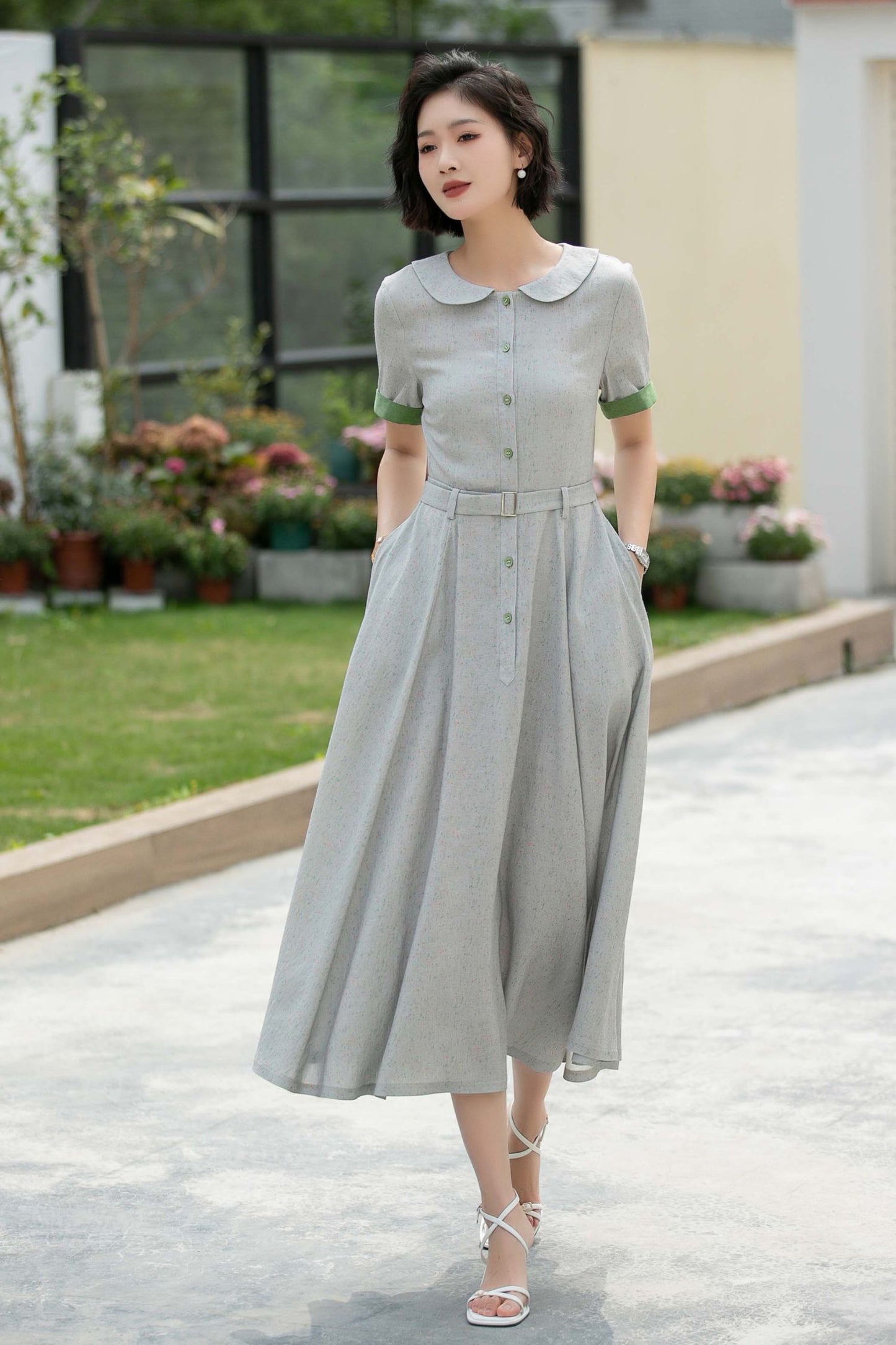 Grey midi Swing linen shirt Dress 5987 - S #CK2500324