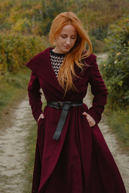 Burgundy Hooded Wool Coat – Handmade Long Belted Wool Winter Overcoat for Women 6546
