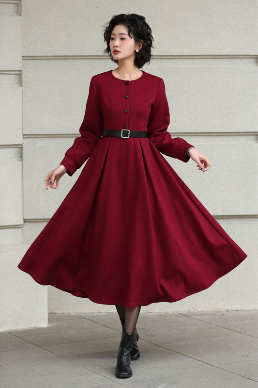 Handmade Vintage Wool Dress – Burgundy Fit and Flare Midi Dress for Winter 6612