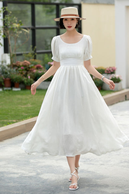 White Linen Midi Dress - Puff Sleeve, Empire Waist Swing 5983