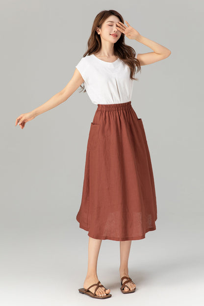 Rust Linen A-Line Midi Skirt - Elastic Waist with Pockets 4905