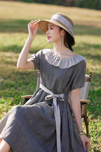 Gray Linen Midi Dress - Ruffle Neckline & Elastic Waist 4323