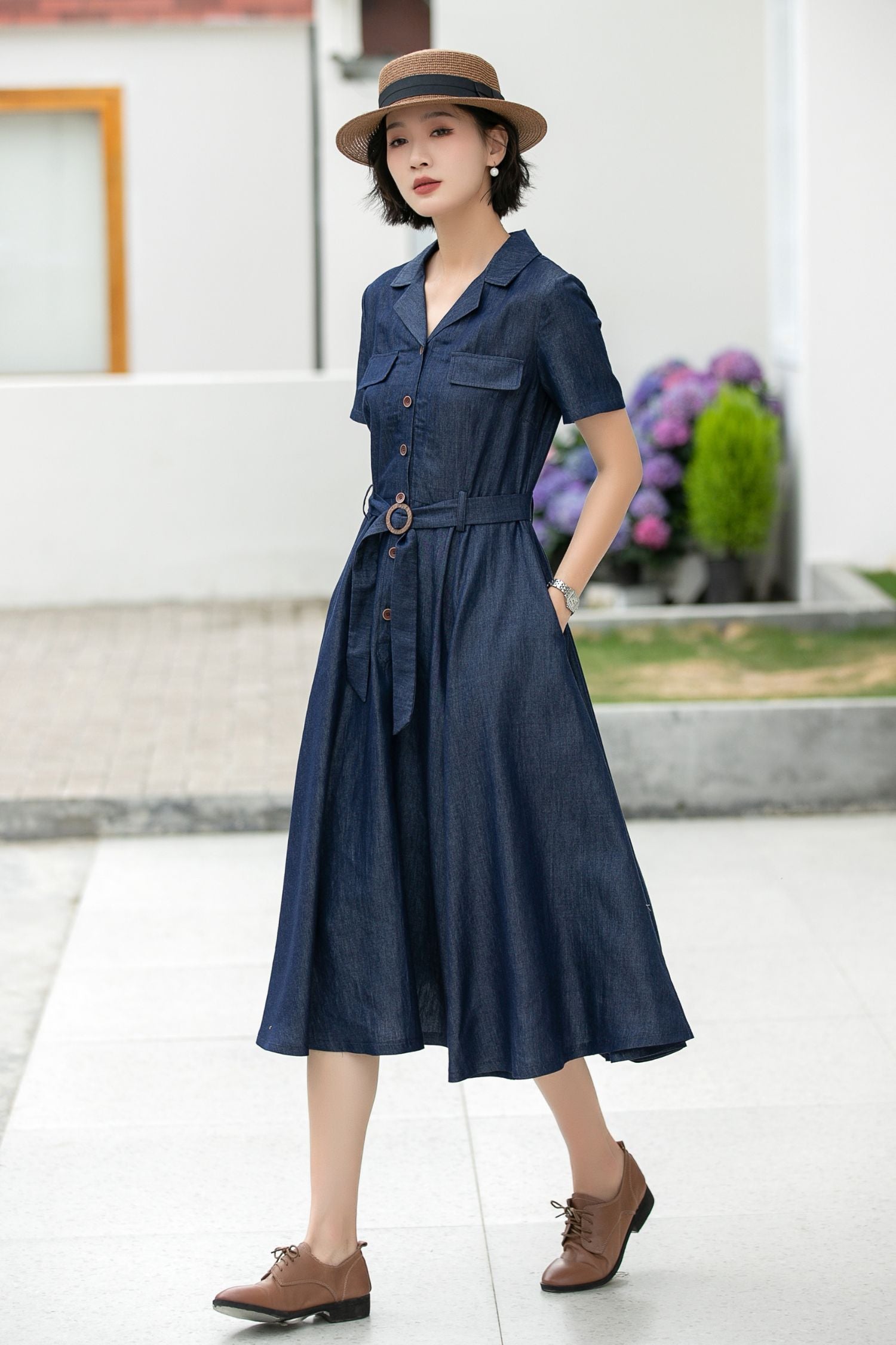 shirt waist dresses Vintage Blue Shirt Dress – Short Sleeve Belted Midi Dress 5989 – Xiaolizi
