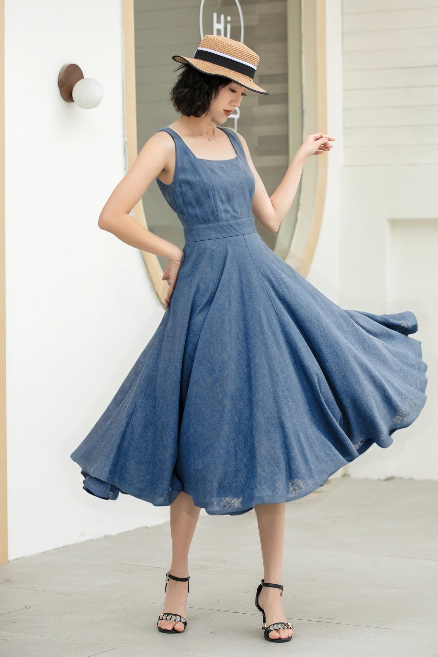 Stylish A-Line Linen Suspender Dress with Square Neckline | Xiaolizi 6071
