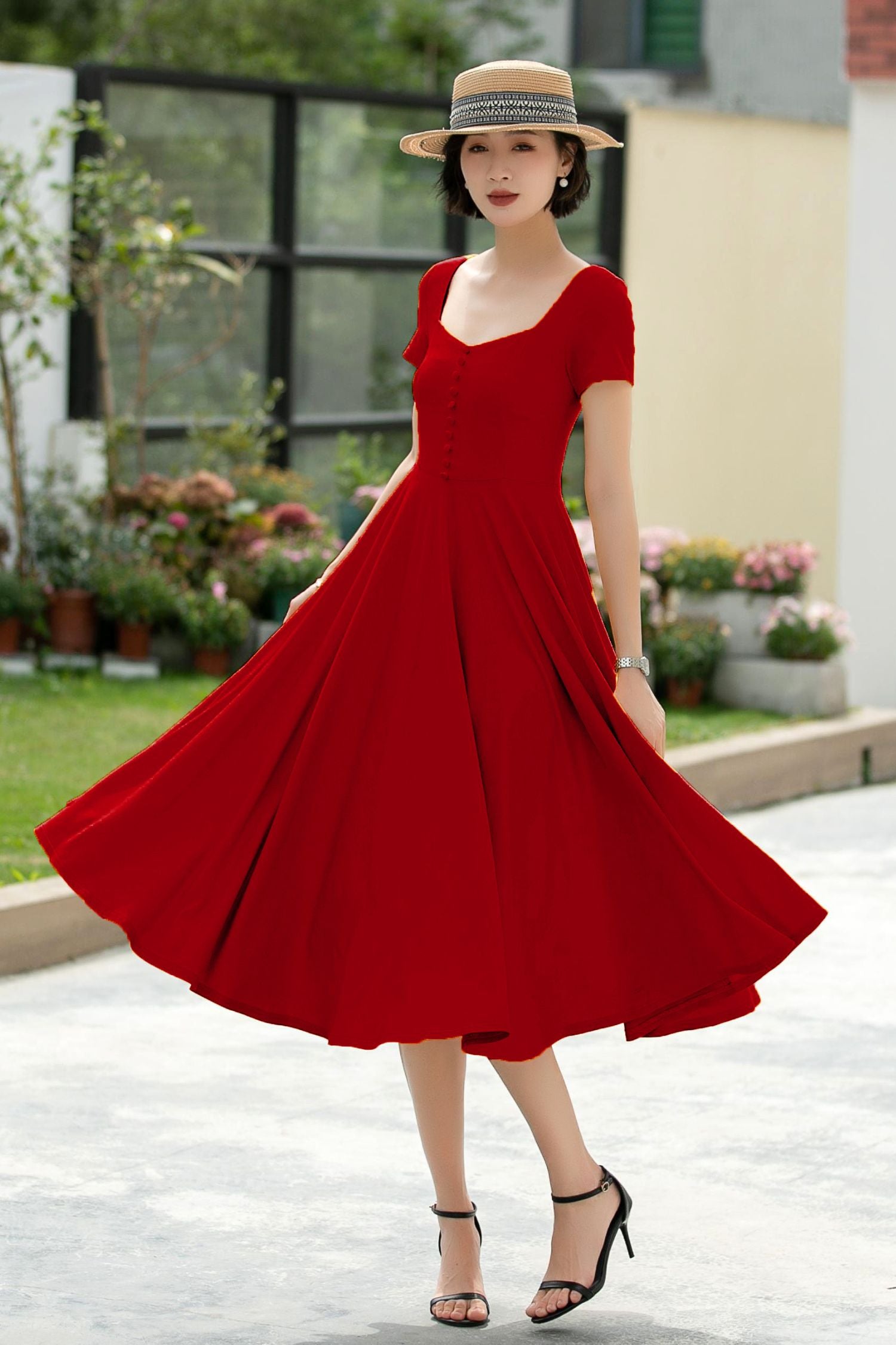 Square Neck Midi Dress, Linen Blend
