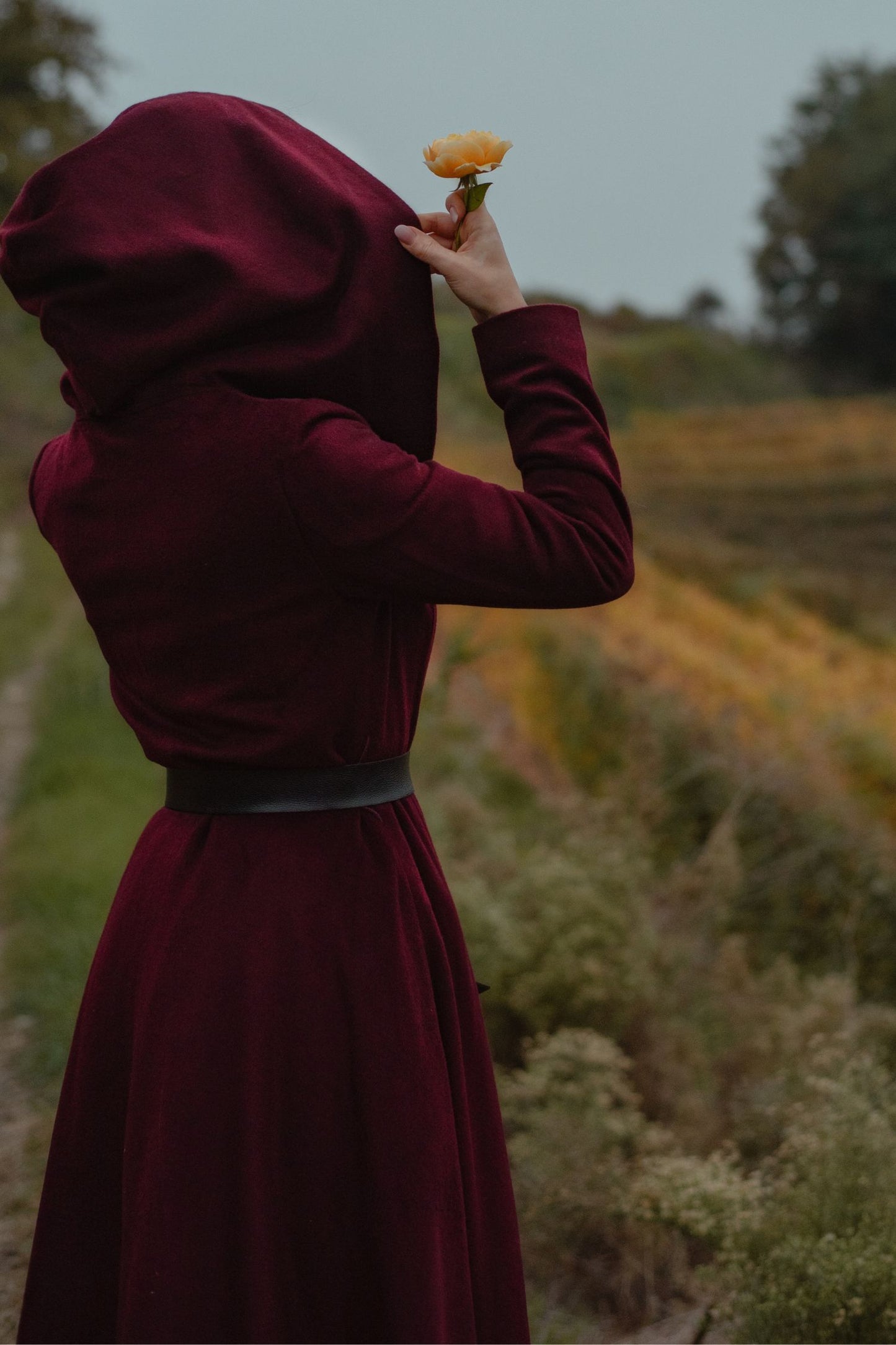 Burgundy Hooded Wool Coat – Handmade Long Belted Wool Winter Overcoat for Women 6546