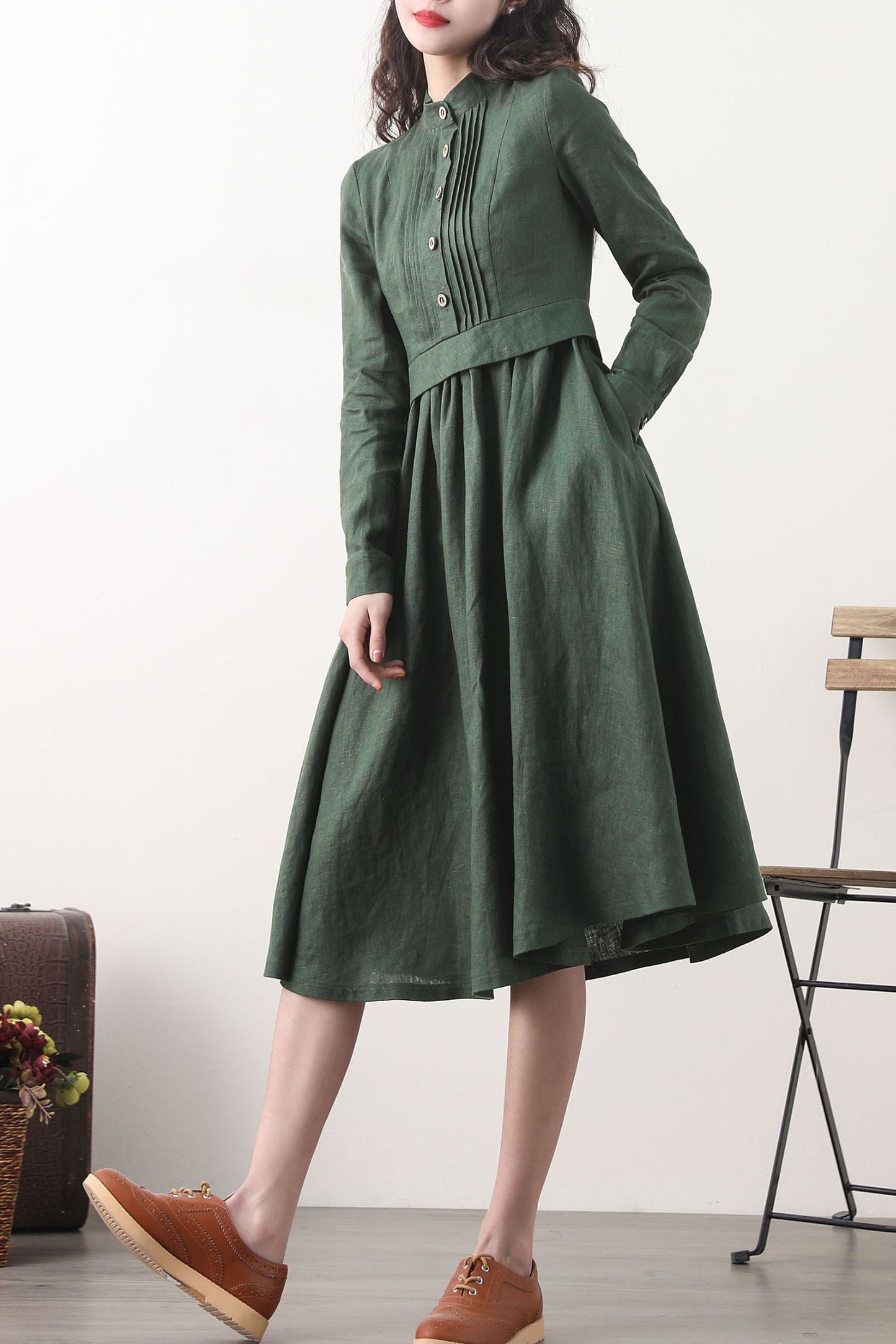 Midi green linen swing spring dresses 2576