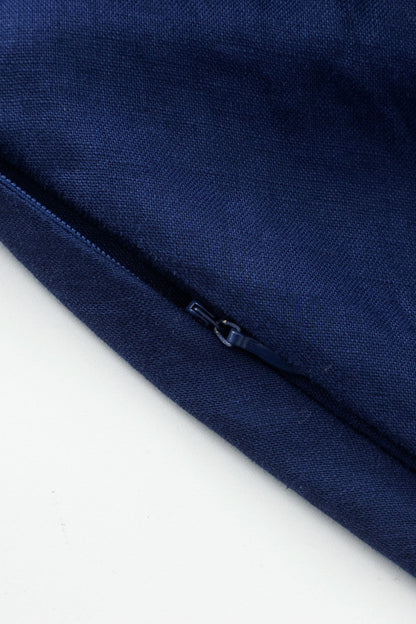 Navy Linen Midi Dress – Long Sleeve Fit and Flare Dress with Pockets 4925