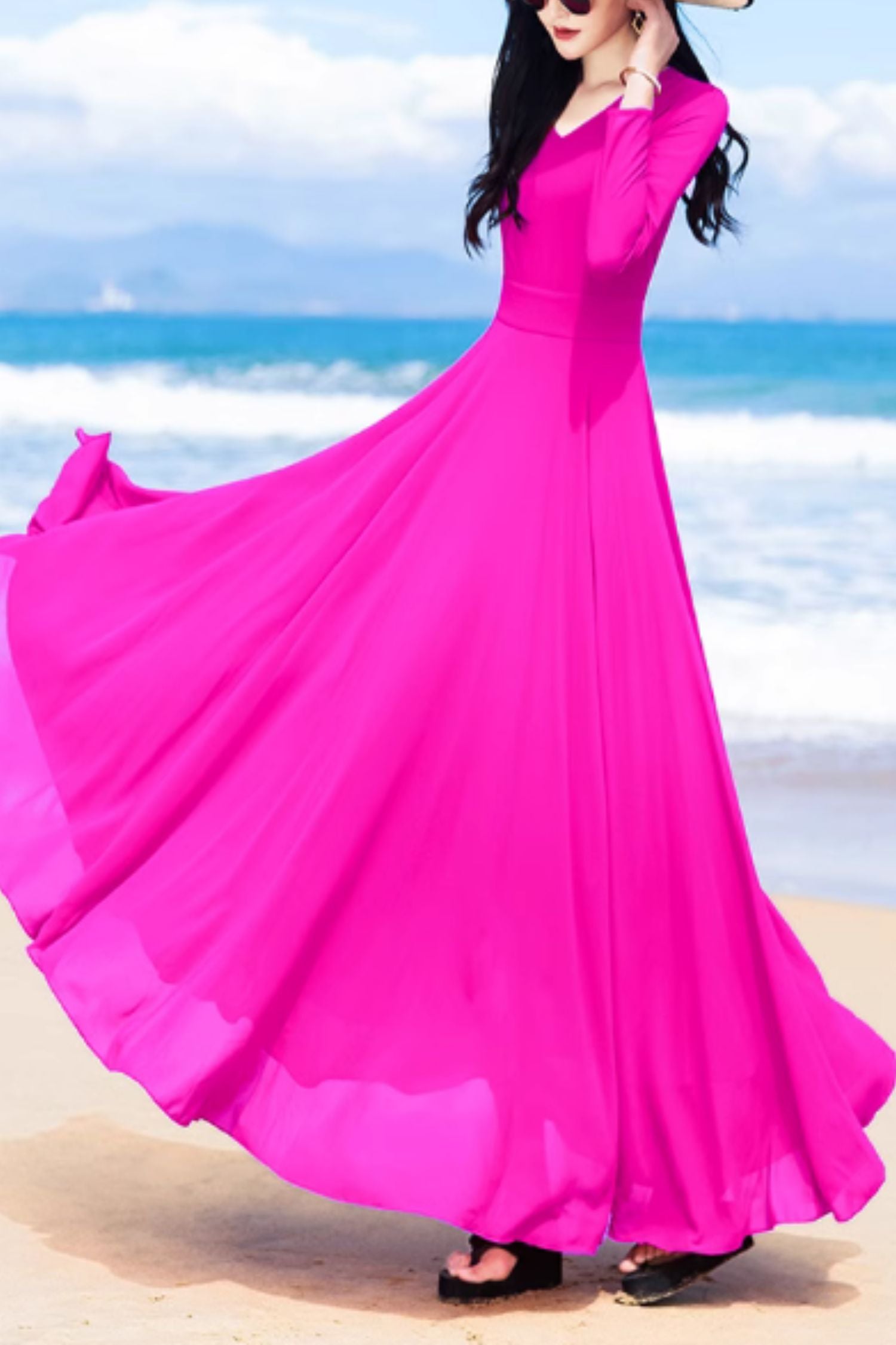 Blue Chiffon Maxi Dress with A-Line Silhouette and V-Neck – Xiaolizi