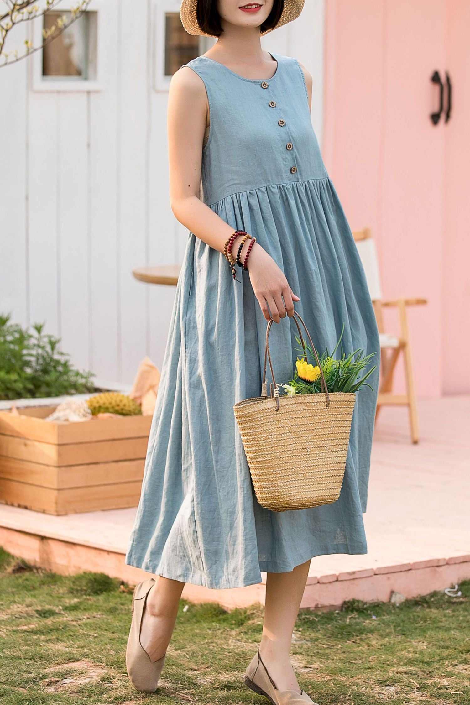 Light Blue Linen Dress A-Line Sleeveless Pockets | Xiaolizi Light Blue Linen Dress A-Line Sleeveless Pockets | Xiaolizi