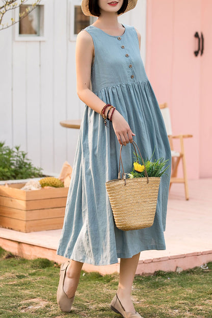 A line loose fitting light blue linen dress 2804 -Size XS #yy01678