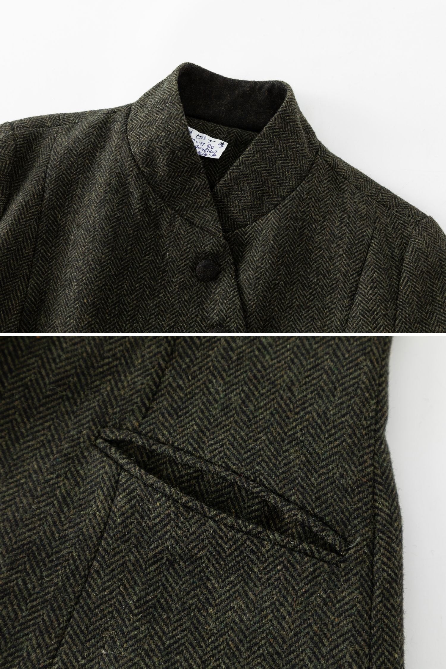 Dark green herringbone patterned coat with buttons on a white background
