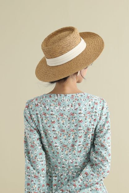 Floral Linen Knee-Length Dress - Long Sleeve, Round Neck 2795