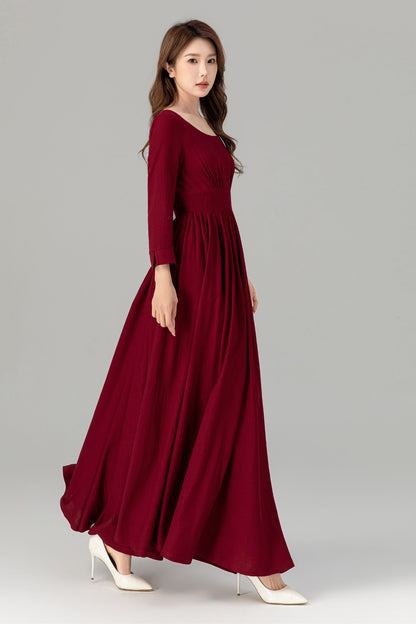 Burgundy Linen Maxi Dress - High Waisted, Flowing Silhouette 4924