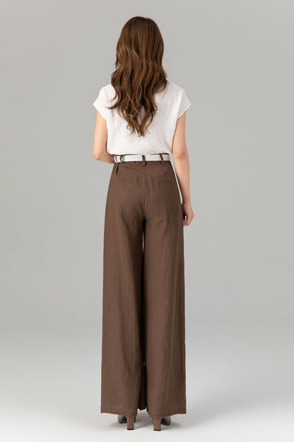 Brown Linen Wide Leg Pants - High Waisted Pleated Detail 4918