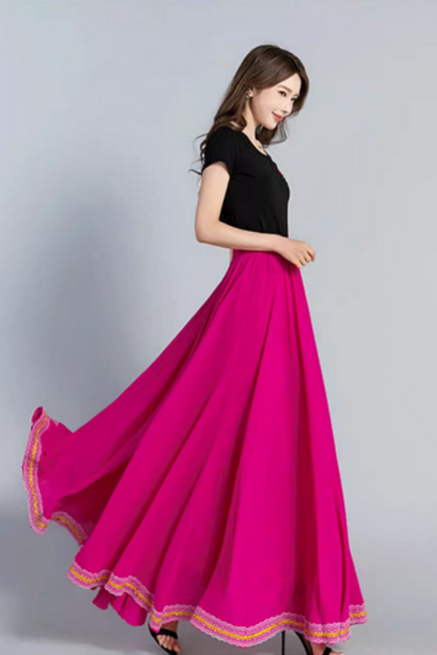 Swing long summer chiffon skirt with lace details 5197