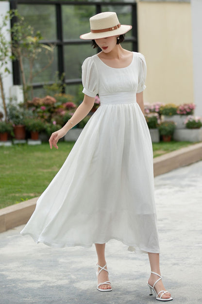 White Linen Midi Dress - Puff Sleeve, Empire Waist Swing 5983