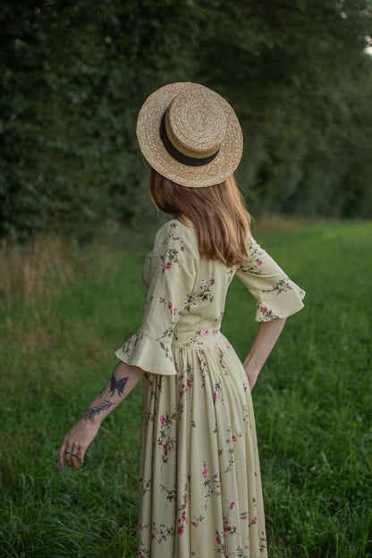Beige Linen Maxi Dress - Vintage Floral Fit and Flared 3053