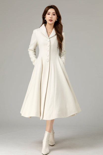 Vintage White Wool Coat – Handmade Fit & Flare Winter Elegance 5485