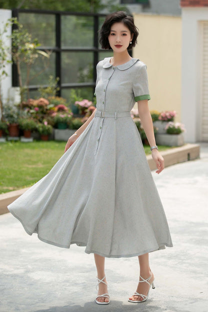 Grey midi Swing linen shirt Dress 5987 - S #CK2500324