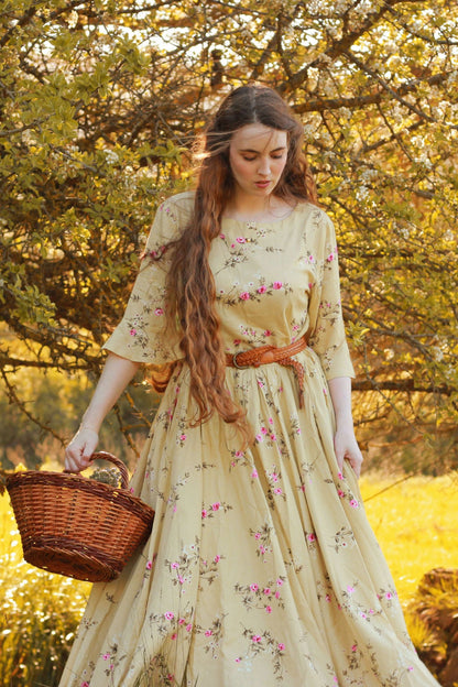 Floral Midi Linen Dress - Fit and Flared, Pleated Waist 3486