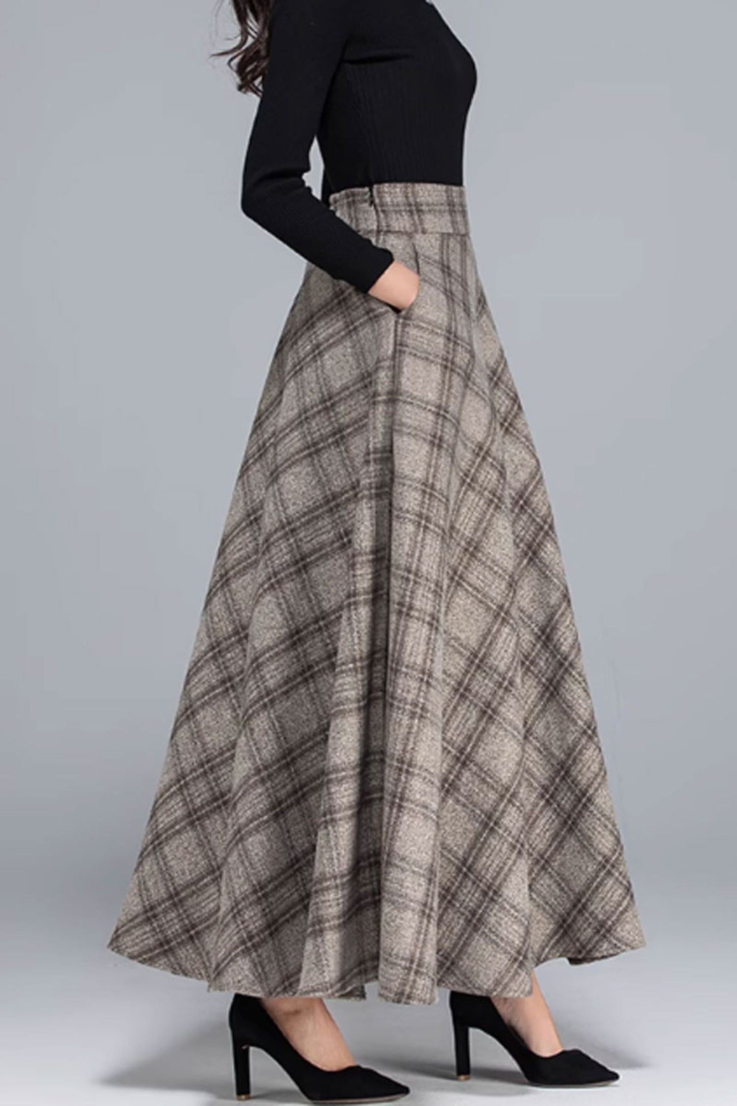 Plaid winter long wool skirt women 4780