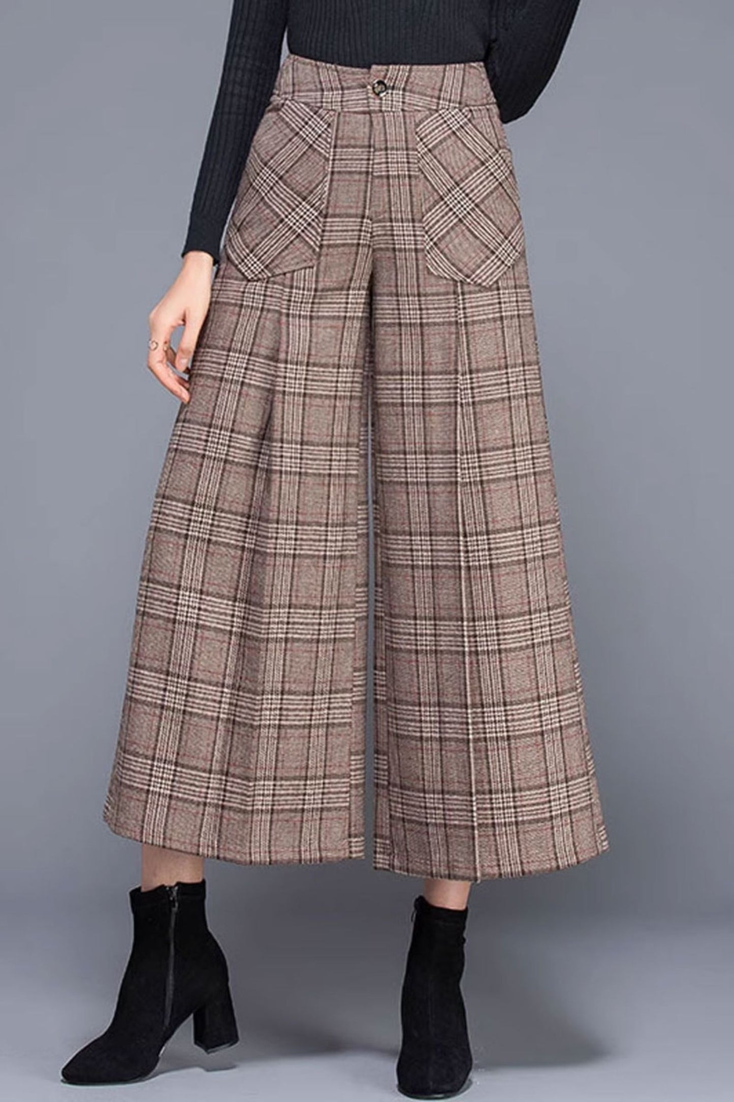 Plaid winter wool wide leg pants 4660