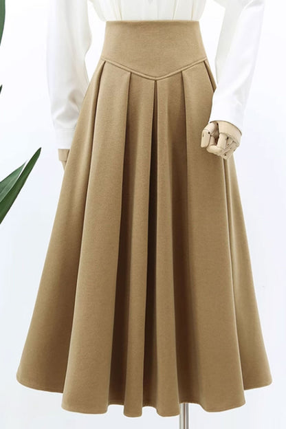 Beige Wool A-Line Skirt - Pleated Flared Winter Essential 4766