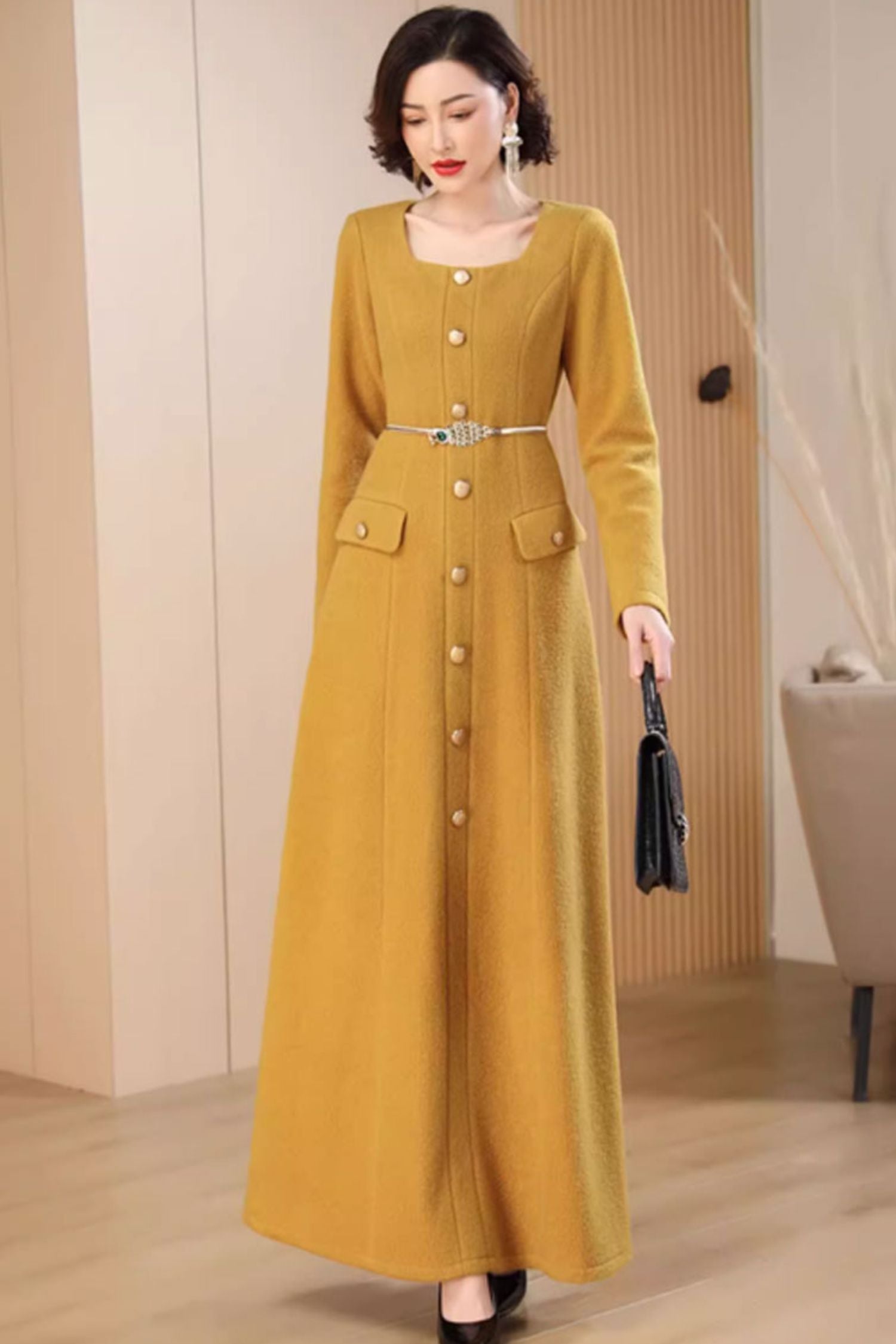 Yellow Wool Maxi Dress with Button Front