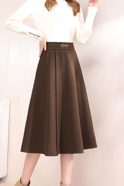 Brown Wool A-Line Midi Skirt - Elegant Winter Essential 4750