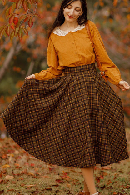 Brown Wool Midi Circle Skirt - Pleated, High Waist Elegance 4733