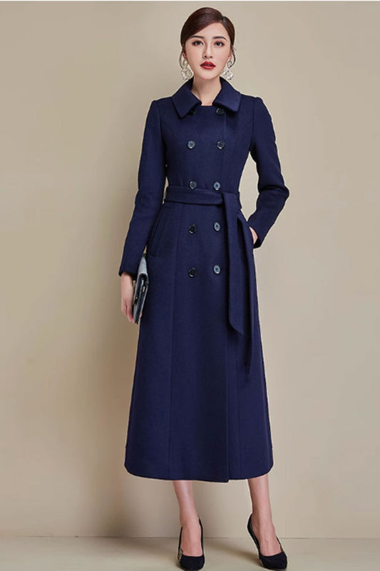 Navy blue double breasted long wool coat 4688