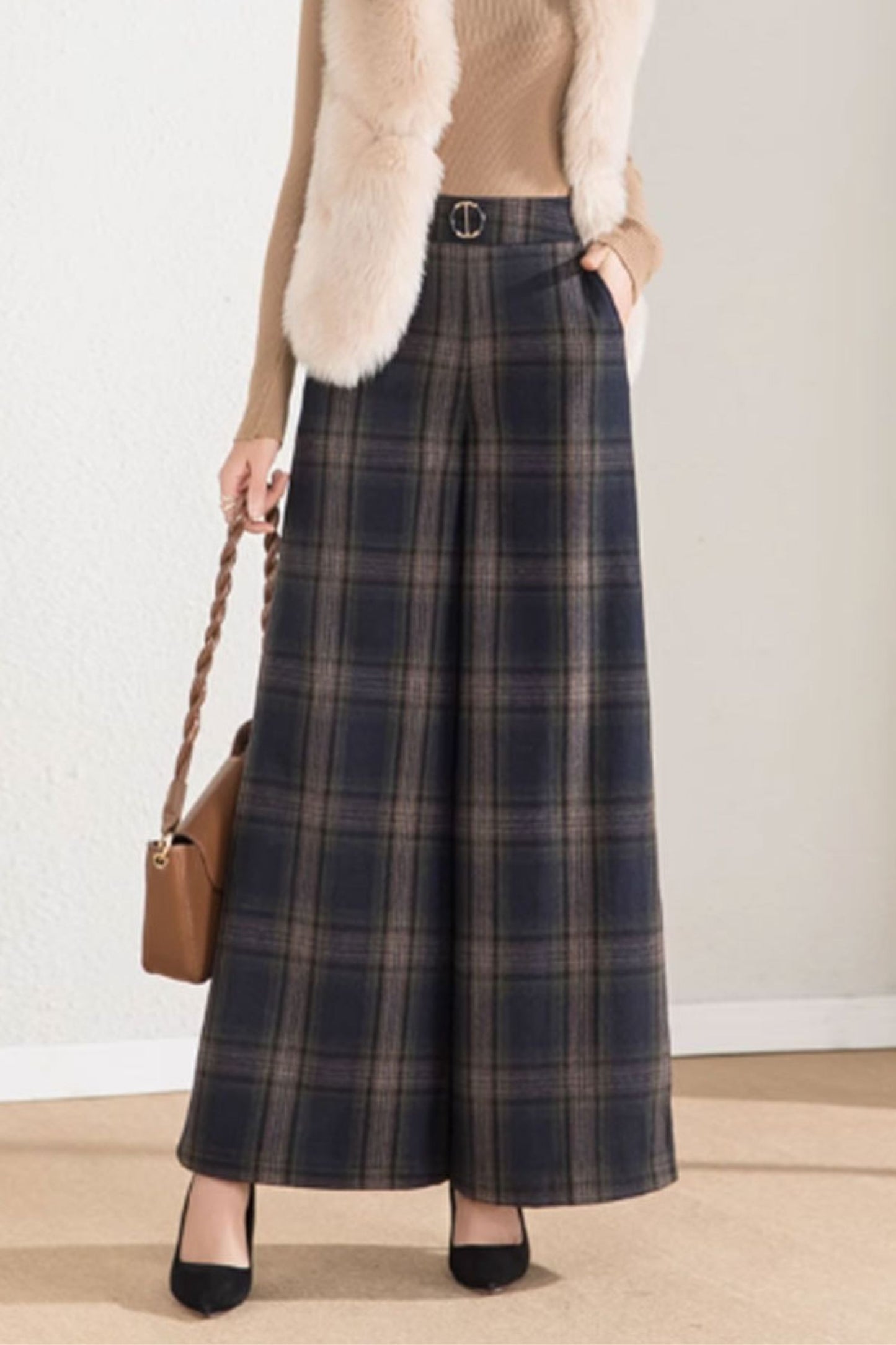 Wide leg winter plaid wool pants women 4658