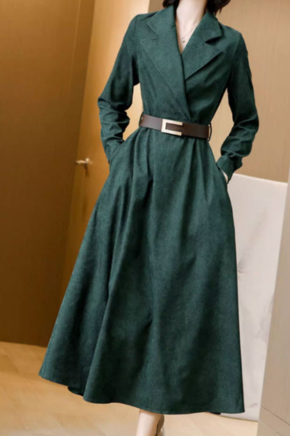 Green Wool Corduroy Dress - Long Sleeve, Tie Belt Waist 4561