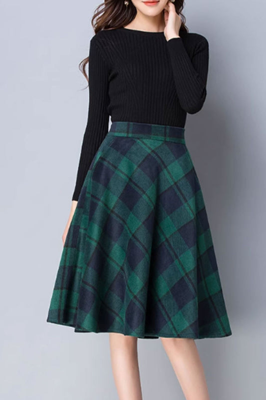 Knee length plaid winter wool skirt 4642-1