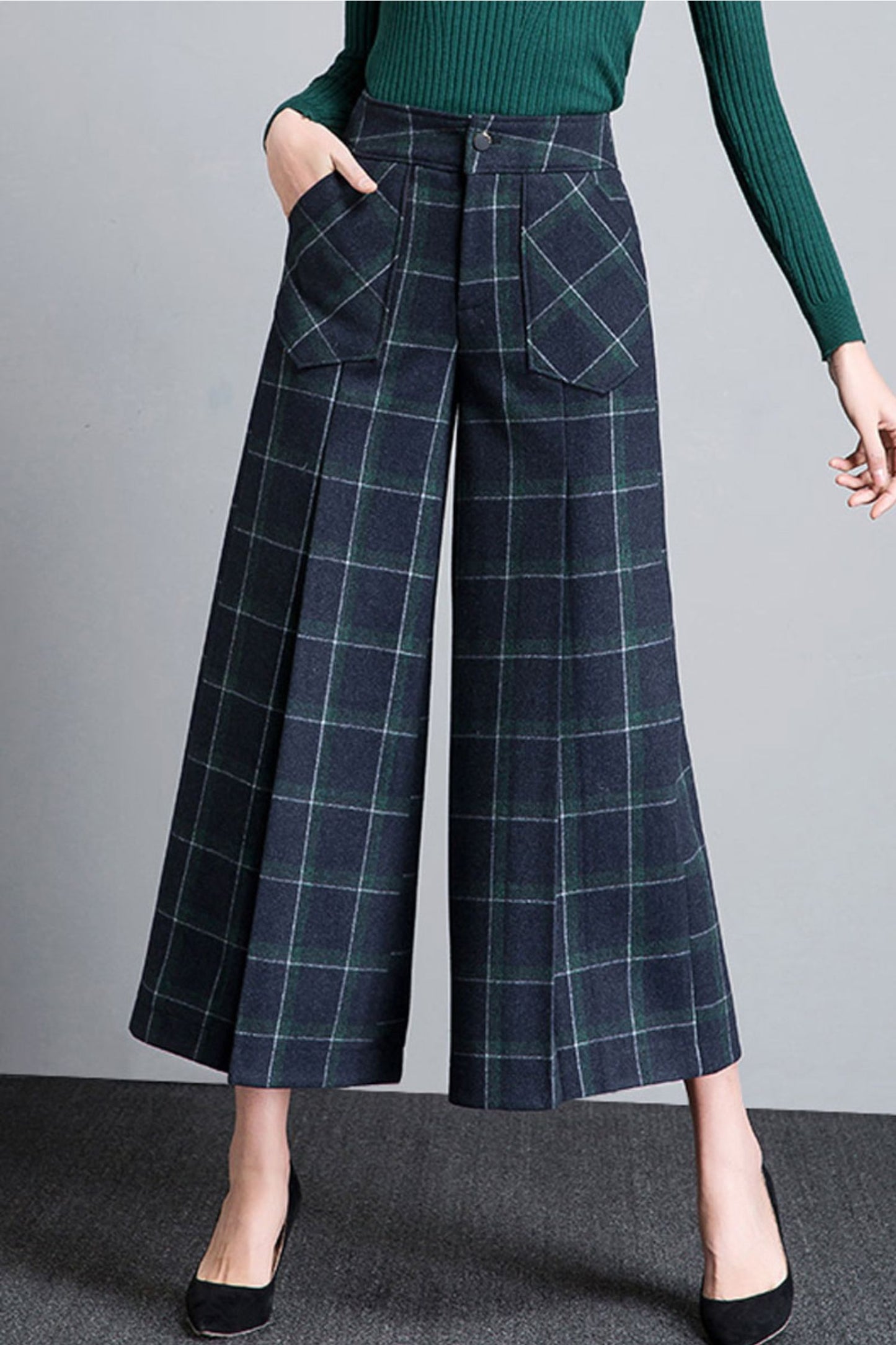 Plaid winter wool wide leg pants 4659-1