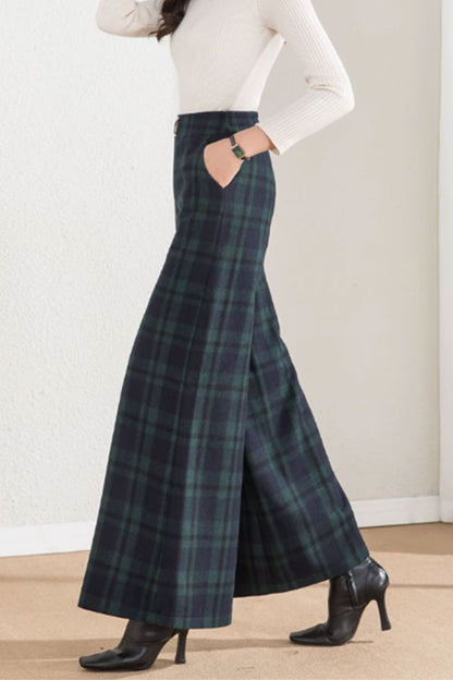 Wide leg winter plaid wool pants women 4658-1