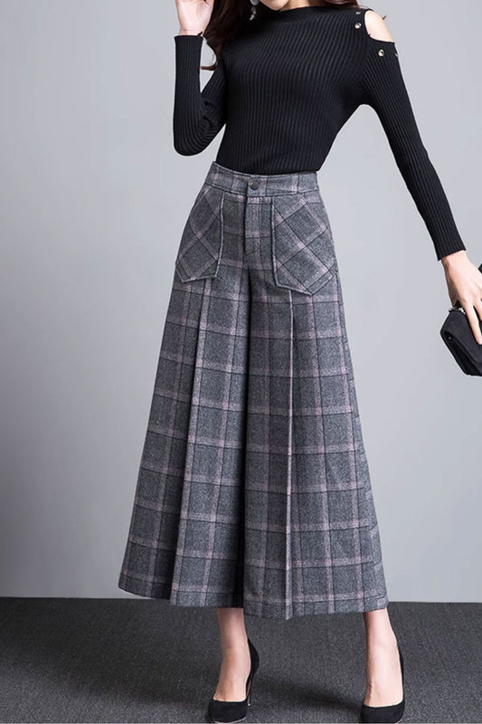 Midi plaid winter wool wide leg pants 4659