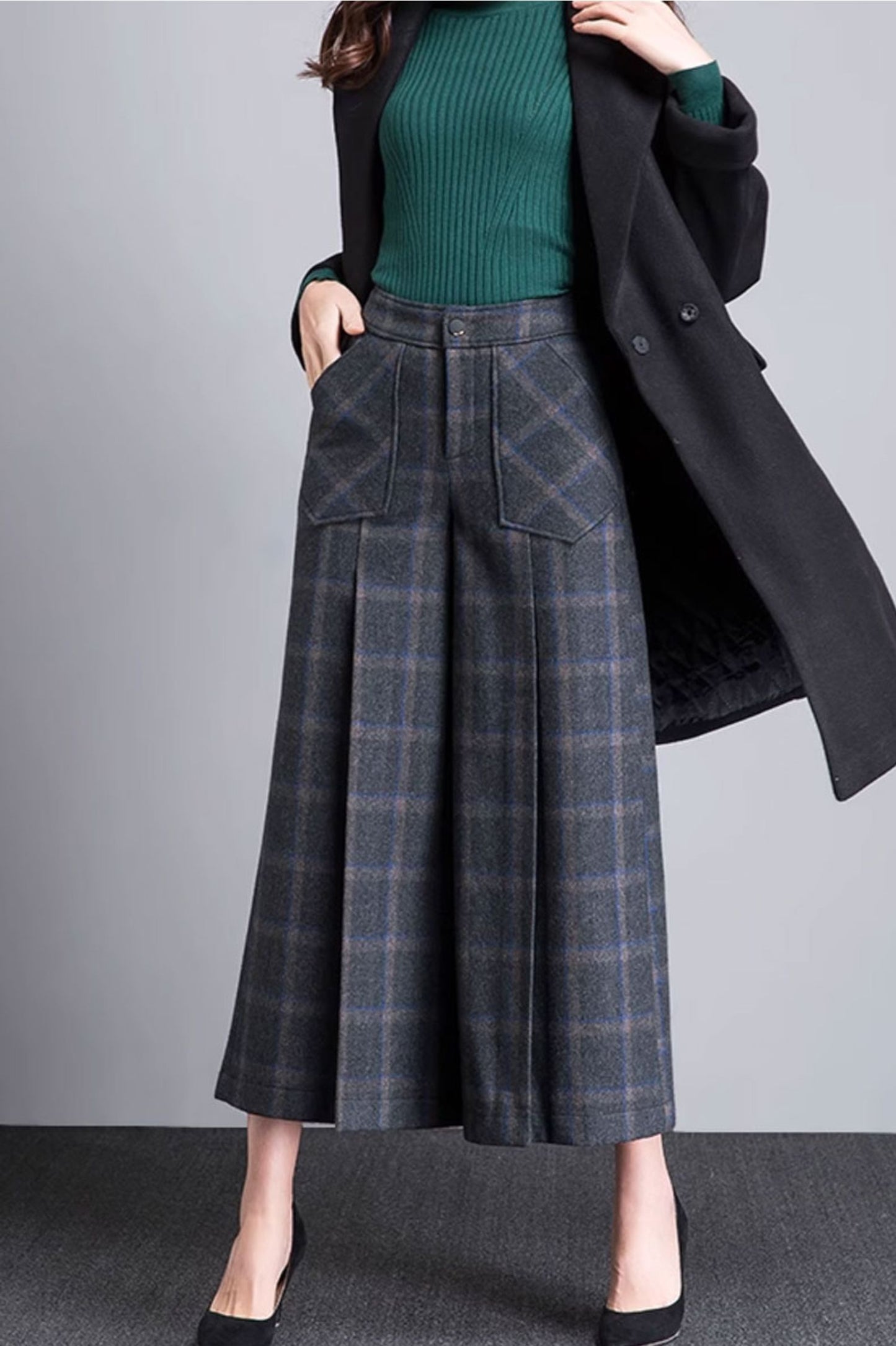 Plaid winter wool wide leg pants 4659-2