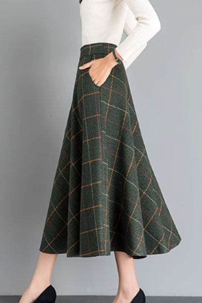 Green Wool A-Line Midi Skirt - Back Elastic Waist with Pockets 4641-2