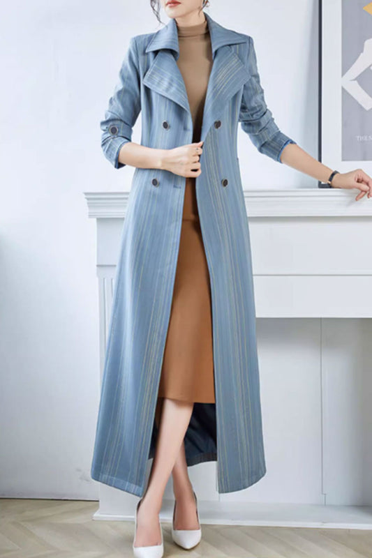 Blue stripled long trench coat autumn 4599