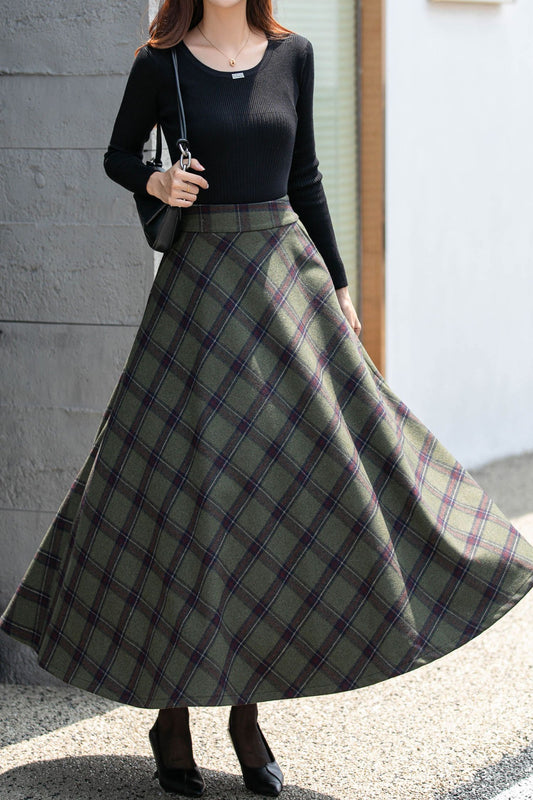 High Waisted Long Wool plaid Skirt Women 4681