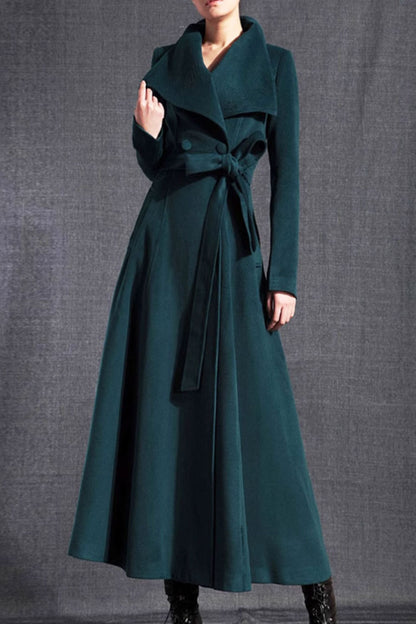 Dark Green Wool Long Coat - Double Breasted with Tie Belt 4712