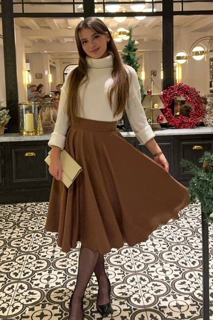 Brown Wool High Waist Flared Skirt - Pleated Circle Silhouette 4744