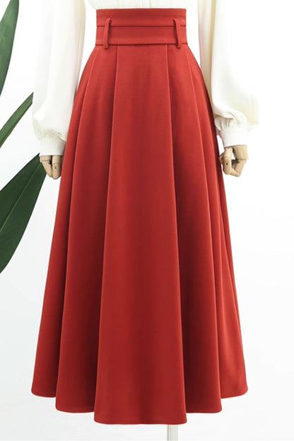 Rust Wool A-Line Skirt - Wide Waistband, Pleated Detail 4765