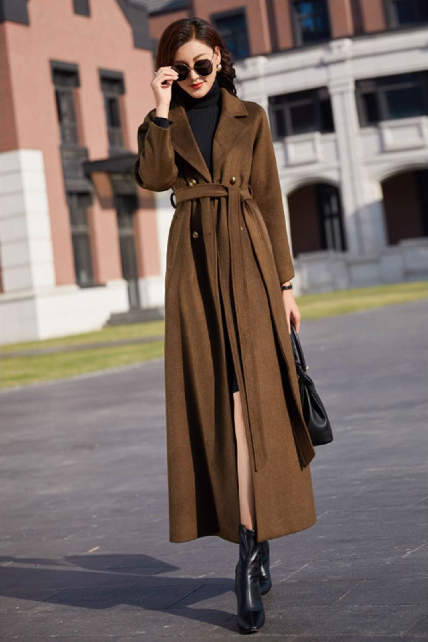 Brown Wool Maxi Coat with Belted Waist