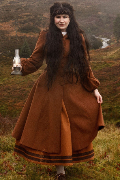 Brown Wool Blend Long Coat - Hooded with Lantern Sleeves 4736