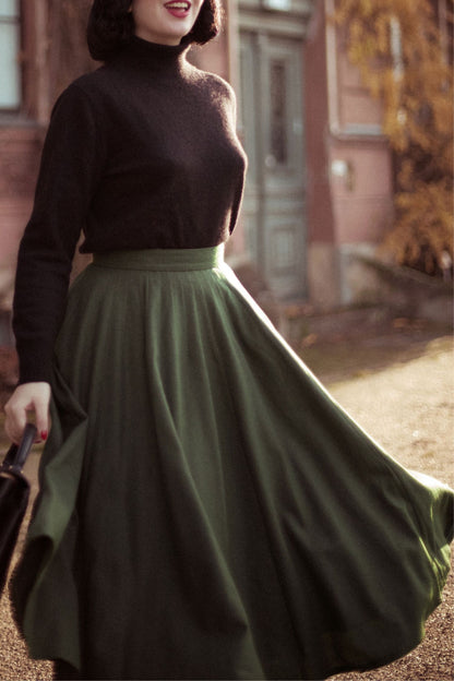 Green Wool Midi Skirt - High Waist, Flowing Silhouette 4738