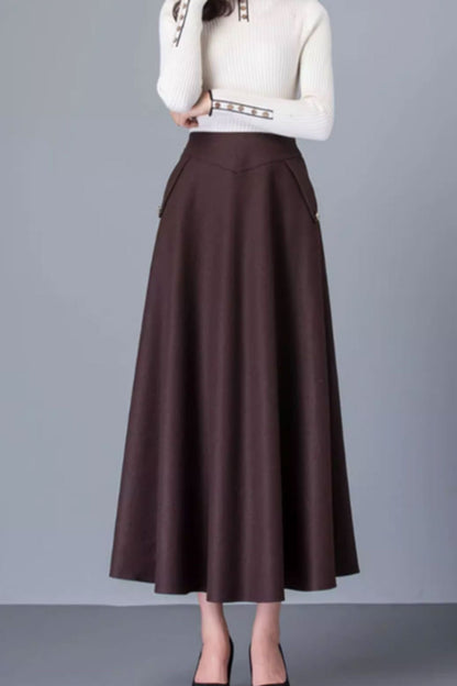 Brown Wool Maxi Skirt - A-Line with Pockets 4752