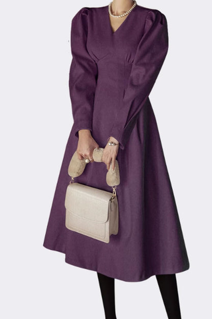 Purple Wool Midi Dress - High Waist, V-Neck Elegance 4796